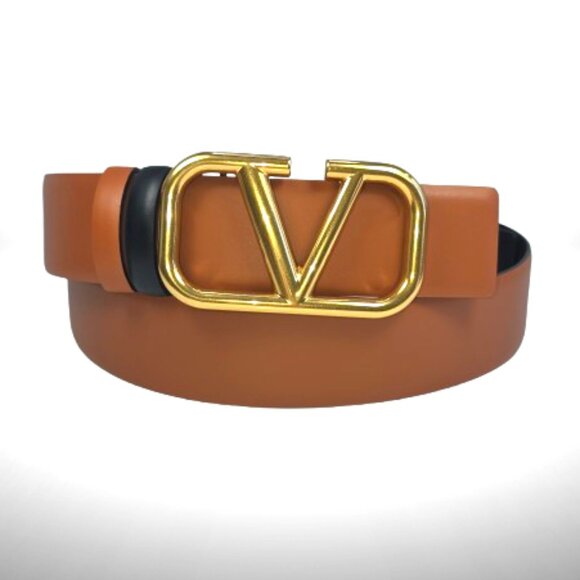 Valentino Garavani Accessories - Valentino Garavani VLogo Reversible Leather Belt 40mm Tan/Black Gold Buckle